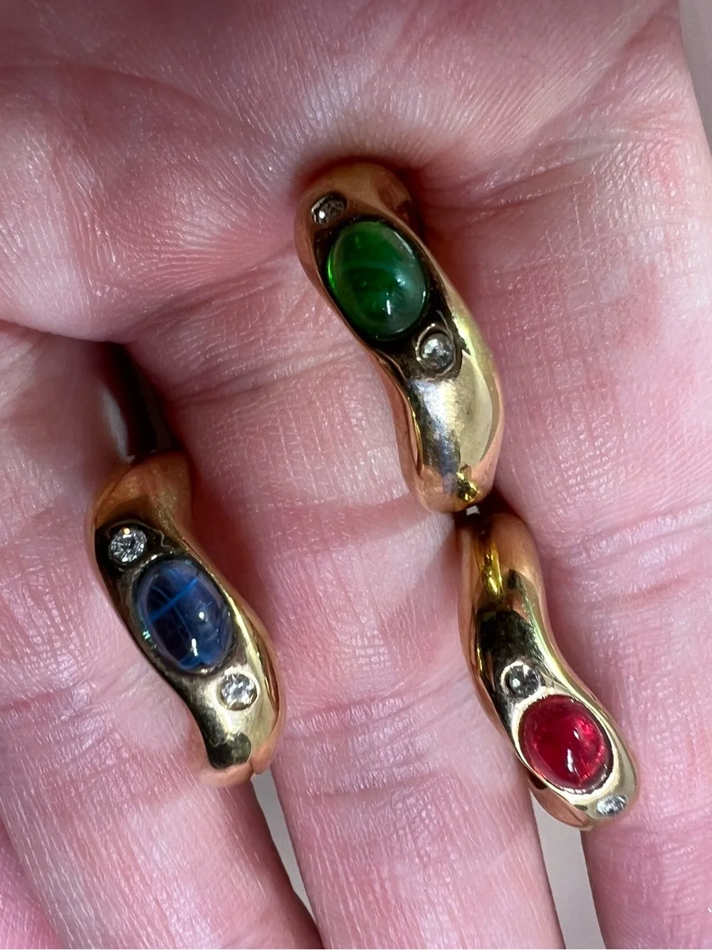18K gold electroplate Trio Multi-Stone Cocktail Rings - Red Blue Green